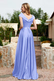 Cap Sleeves Satin Formal Evening Prom Party Dresses V Neck Ruched Bridesmaid Dress Gowns