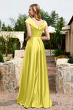 Cap Sleeves Satin Formal Evening Prom Party Dresses V Neck Ruched Bridesmaid Dress Gowns