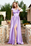 Cap Sleeves Satin Formal Evening Prom Party Dresses V Neck Ruched Bridesmaid Dress Gowns