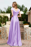 Cap Sleeves Satin Formal Evening Prom Party Dresses V Neck Ruched Bridesmaid Dress Gowns
