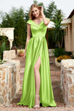 Cap Sleeves Satin Formal Evening Prom Party Dresses V Neck Ruched Bridesmaid Dress Gowns