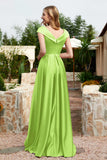 Cap Sleeves Satin Formal Evening Prom Party Dresses V Neck Ruched Bridesmaid Dress Gowns