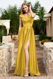 Cap Sleeves Satin Formal Evening Prom Party Dresses V Neck Ruched Bridesmaid Dress Gowns