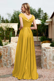 Cap Sleeves Satin Formal Evening Prom Party Dresses V Neck Ruched Bridesmaid Dress Gowns