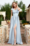 Cap Sleeves Satin Formal Evening Prom Party Dresses V Neck Ruched Bridesmaid Dress Gowns