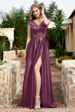 Cap Sleeves Satin Formal Evening Prom Party Dresses V Neck Ruched Bridesmaid Dress Gowns