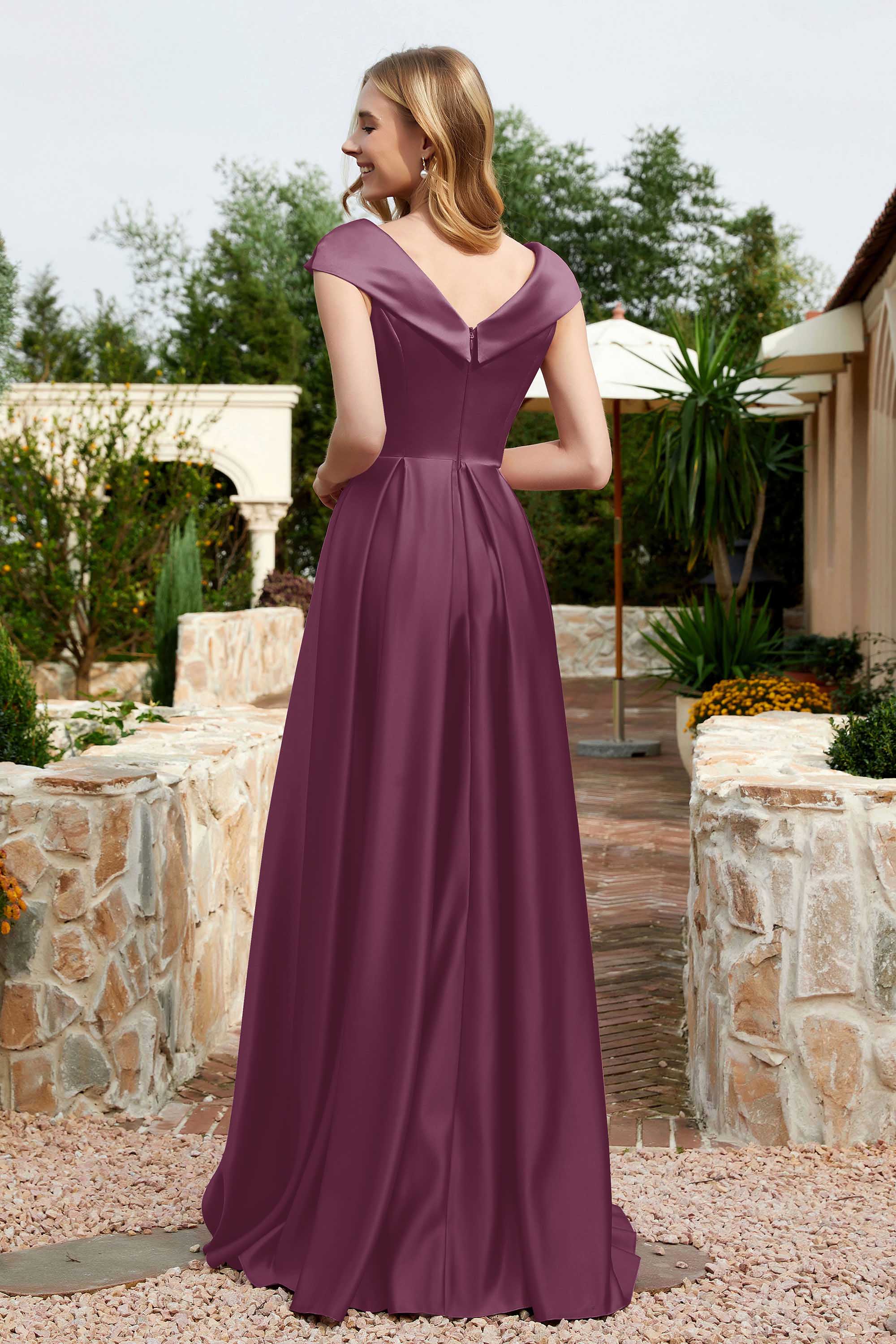 Cap Sleeves Satin Formal Evening Prom Party Dresses V Neck Ruched Bridesmaid Dress Gowns