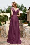 Cap Sleeves Satin Formal Evening Prom Party Dresses V Neck Ruched Bridesmaid Dress Gowns