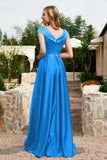 Cap Sleeves Satin Formal Evening Prom Party Dresses V Neck Ruched Bridesmaid Dress Gowns