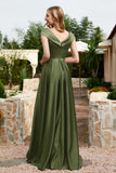 Cap Sleeves Satin Formal Evening Prom Party Dresses V Neck Ruched Bridesmaid Dress Gowns