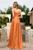 Cap Sleeves Satin Formal Evening Prom Party Dresses V Neck Ruched Bridesmaid Dress Gowns