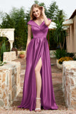 Cap Sleeves Satin Formal Evening Prom Party Dresses V Neck Ruched Bridesmaid Dress Gowns