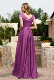 Cap Sleeves Satin Formal Evening Prom Party Dresses V Neck Ruched Bridesmaid Dress Gowns