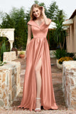 Cap Sleeves Satin Formal Evening Prom Party Dresses V Neck Ruched Bridesmaid Dress Gowns