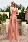 Cap Sleeves Satin Formal Evening Prom Party Dresses V Neck Ruched Bridesmaid Dress Gowns