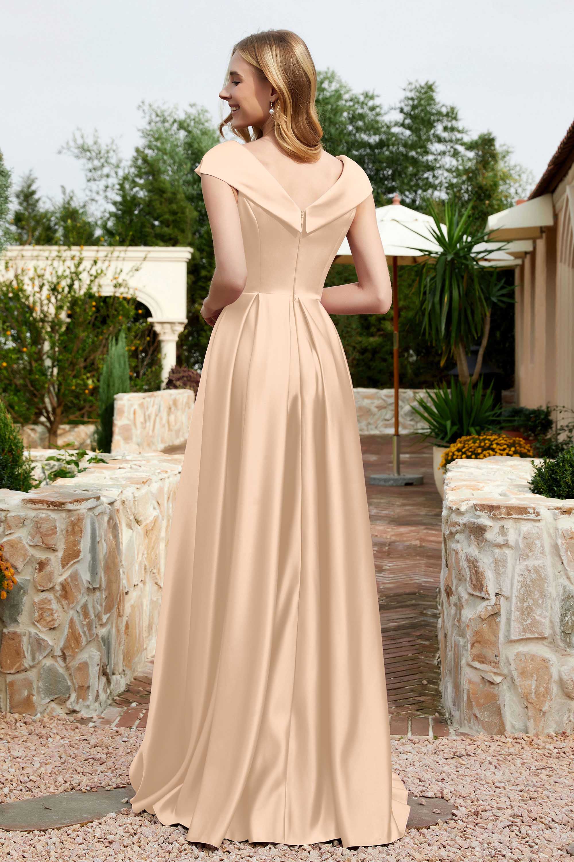 Cap Sleeves Satin Formal Evening Prom Party Dresses V Neck Ruched Bridesmaid Dress Gowns