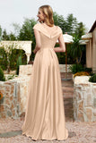 Cap Sleeves Satin Formal Evening Prom Party Dresses V Neck Ruched Bridesmaid Dress Gowns