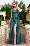 Cap Sleeves Satin Formal Evening Prom Party Dresses V Neck Ruched Bridesmaid Dress Gowns