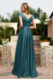 Cap Sleeves Satin Formal Evening Prom Party Dresses V Neck Ruched Bridesmaid Dress Gowns