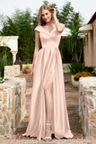 Cap Sleeves Satin Formal Evening Prom Party Dresses V Neck Ruched Bridesmaid Dress Gowns