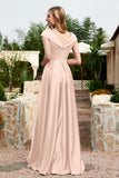 Cap Sleeves Satin Formal Evening Prom Party Dresses V Neck Ruched Bridesmaid Dress Gowns