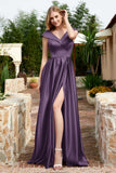 Cap Sleeves Satin Formal Evening Prom Party Dresses V Neck Ruched Bridesmaid Dress Gowns