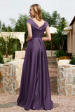 Cap Sleeves Satin Formal Evening Prom Party Dresses V Neck Ruched Bridesmaid Dress Gowns