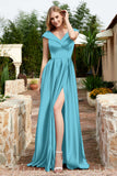 Cap Sleeves Satin Formal Evening Prom Party Dresses V Neck Ruched Bridesmaid Dress Gowns