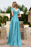 Cap Sleeves Satin Formal Evening Prom Party Dresses V Neck Ruched Bridesmaid Dress Gowns