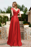 Cap Sleeves Satin Formal Evening Prom Party Dresses V Neck Ruched Bridesmaid Dress Gowns