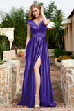 Cap Sleeves Satin Formal Evening Prom Party Dresses V Neck Ruched Bridesmaid Dress Gowns