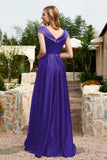 Cap Sleeves Satin Formal Evening Prom Party Dresses V Neck Ruched Bridesmaid Dress Gowns