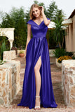 Cap Sleeves Satin Formal Evening Prom Party Dresses V Neck Ruched Bridesmaid Dress Gowns
