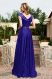 Cap Sleeves Satin Formal Evening Prom Party Dresses V Neck Ruched Bridesmaid Dress Gowns