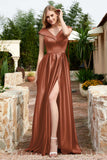 Cap Sleeves Satin Formal Evening Prom Party Dresses V Neck Ruched Bridesmaid Dress Gowns