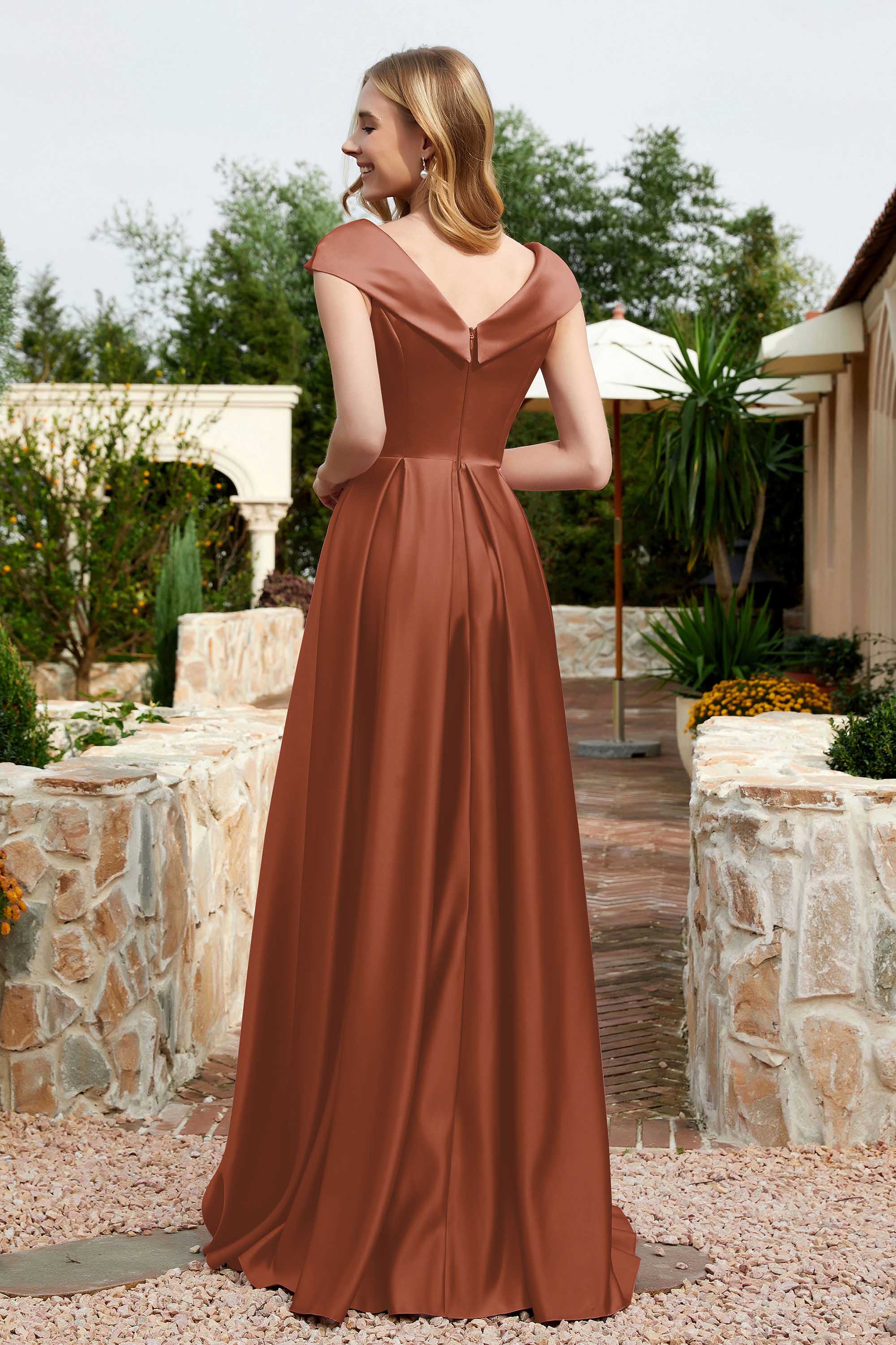 Cap Sleeves Satin Formal Evening Prom Party Dresses V Neck Ruched Bridesmaid Dress Gowns