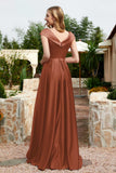 Cap Sleeves Satin Formal Evening Prom Party Dresses V Neck Ruched Bridesmaid Dress Gowns