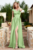 Cap Sleeves Satin Formal Evening Prom Party Dresses V Neck Ruched Bridesmaid Dress Gowns