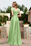 Cap Sleeves Satin Formal Evening Prom Party Dresses V Neck Ruched Bridesmaid Dress Gowns