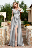 Cap Sleeves Satin Formal Evening Prom Party Dresses V Neck Ruched Bridesmaid Dress Gowns