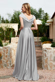 Cap Sleeves Satin Formal Evening Prom Party Dresses V Neck Ruched Bridesmaid Dress Gowns