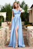 Cap Sleeves Satin Formal Evening Prom Party Dresses V Neck Ruched Bridesmaid Dress Gowns