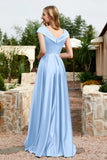 Cap Sleeves Satin Formal Evening Prom Party Dresses V Neck Ruched Bridesmaid Dress Gowns