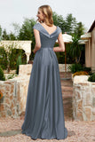 Cap Sleeves Satin Formal Evening Prom Party Dresses V Neck Ruched Bridesmaid Dress Gowns