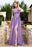Cap Sleeves Satin Formal Evening Prom Party Dresses V Neck Ruched Bridesmaid Dress Gowns