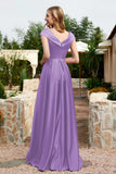 Cap Sleeves Satin Formal Evening Prom Party Dresses V Neck Ruched Bridesmaid Dress Gowns
