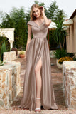 Cap Sleeves Satin Formal Evening Prom Party Dresses V Neck Ruched Bridesmaid Dress Gowns