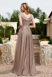 Cap Sleeves Satin Formal Evening Prom Party Dresses V Neck Ruched Bridesmaid Dress Gowns