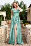 Cap Sleeves Satin Formal Evening Prom Party Dresses V Neck Ruched Bridesmaid Dress Gowns