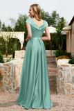 Cap Sleeves Satin Formal Evening Prom Party Dresses V Neck Ruched Bridesmaid Dress Gowns